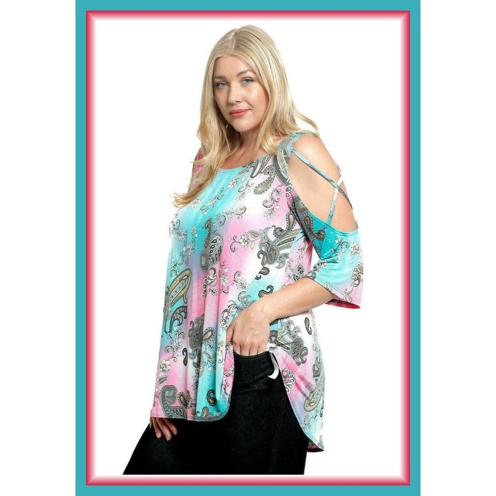 Sexy Plus Tunic Top Tie Dye Ombre Paisley Boho Open Shoulder 16 18 20 1X